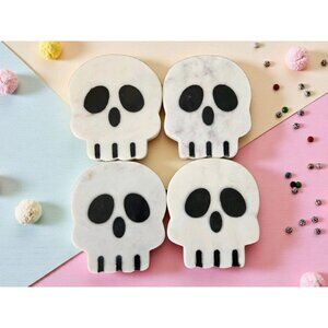 New Lots 4 Marbel Inlay Skeleton Heads Halloween Fall Spooky Drink Coasters